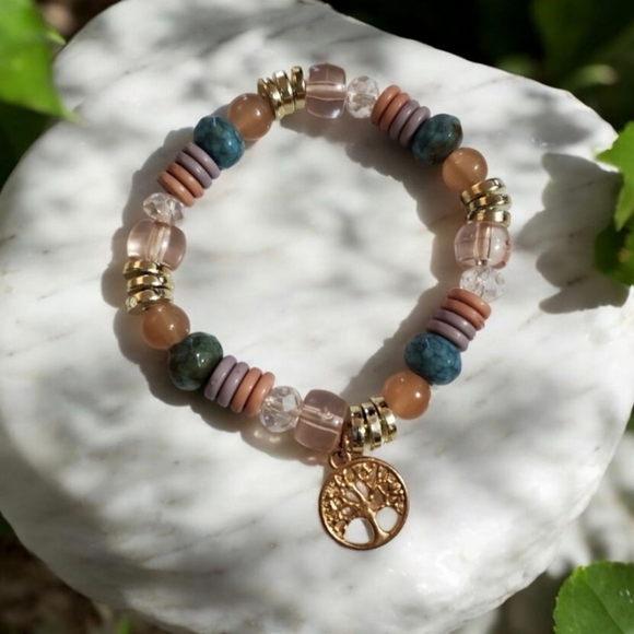 Multi-color beads gold tone Tree of Life Charm Stretch Bracelet - Picture 11 of 11